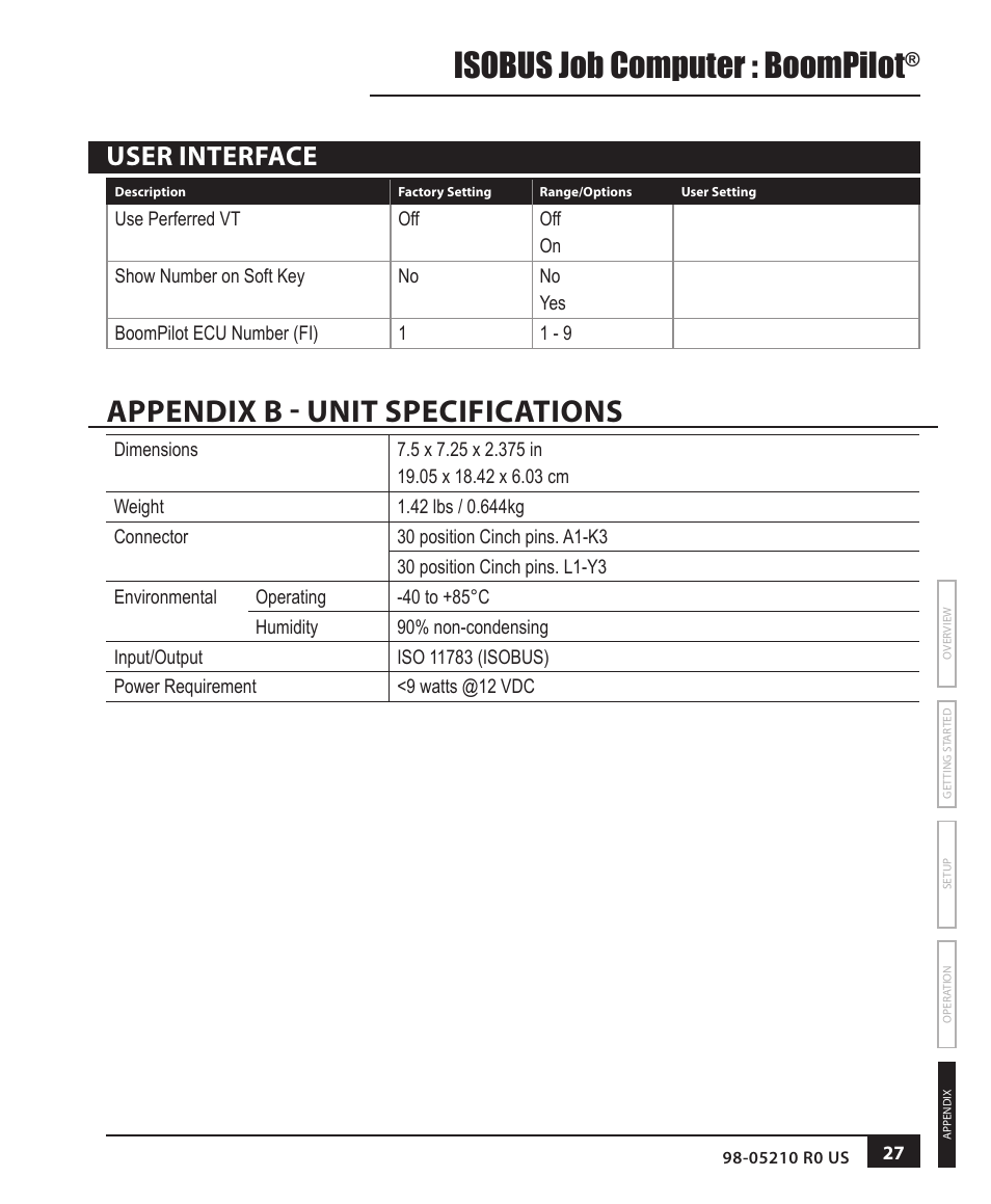 Appendix b - unit specifications, Isobus job computer : boompilot, User interface | TeeJet BOOMPILOT JOB COMPUTER User Manual | Page 31 / 32