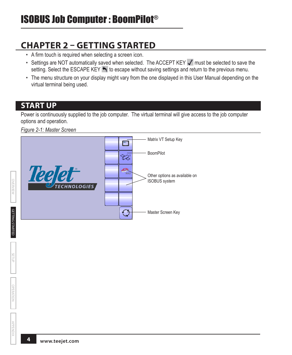 Chapter 2 – getting started, Start up, Isobus job computer : boompilot | TeeJet BOOMPILOT JOB COMPUTER User Manual | Page 8 / 32