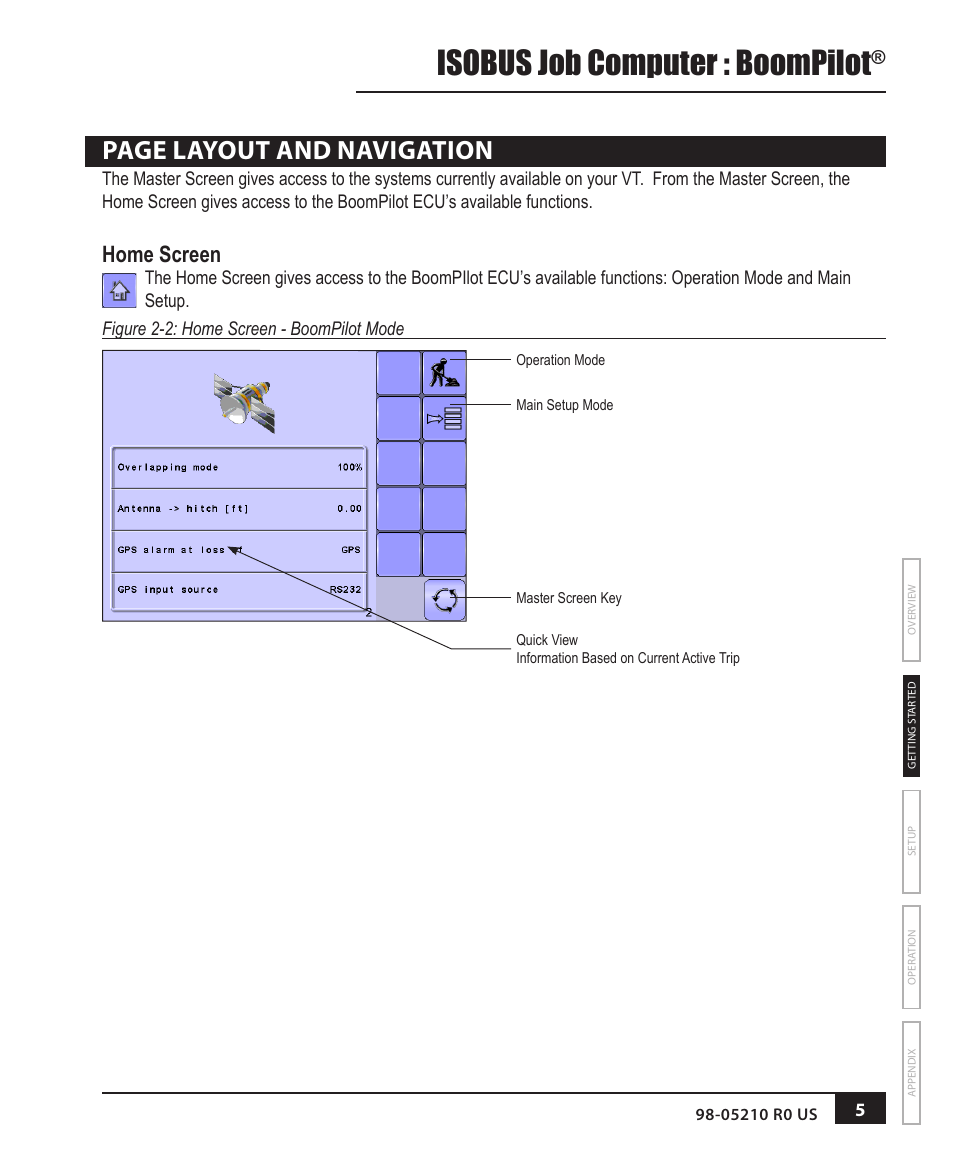Home screen, Isobus job computer : boompilot, Page layout and navigation | TeeJet BOOMPILOT JOB COMPUTER User Manual | Page 9 / 32