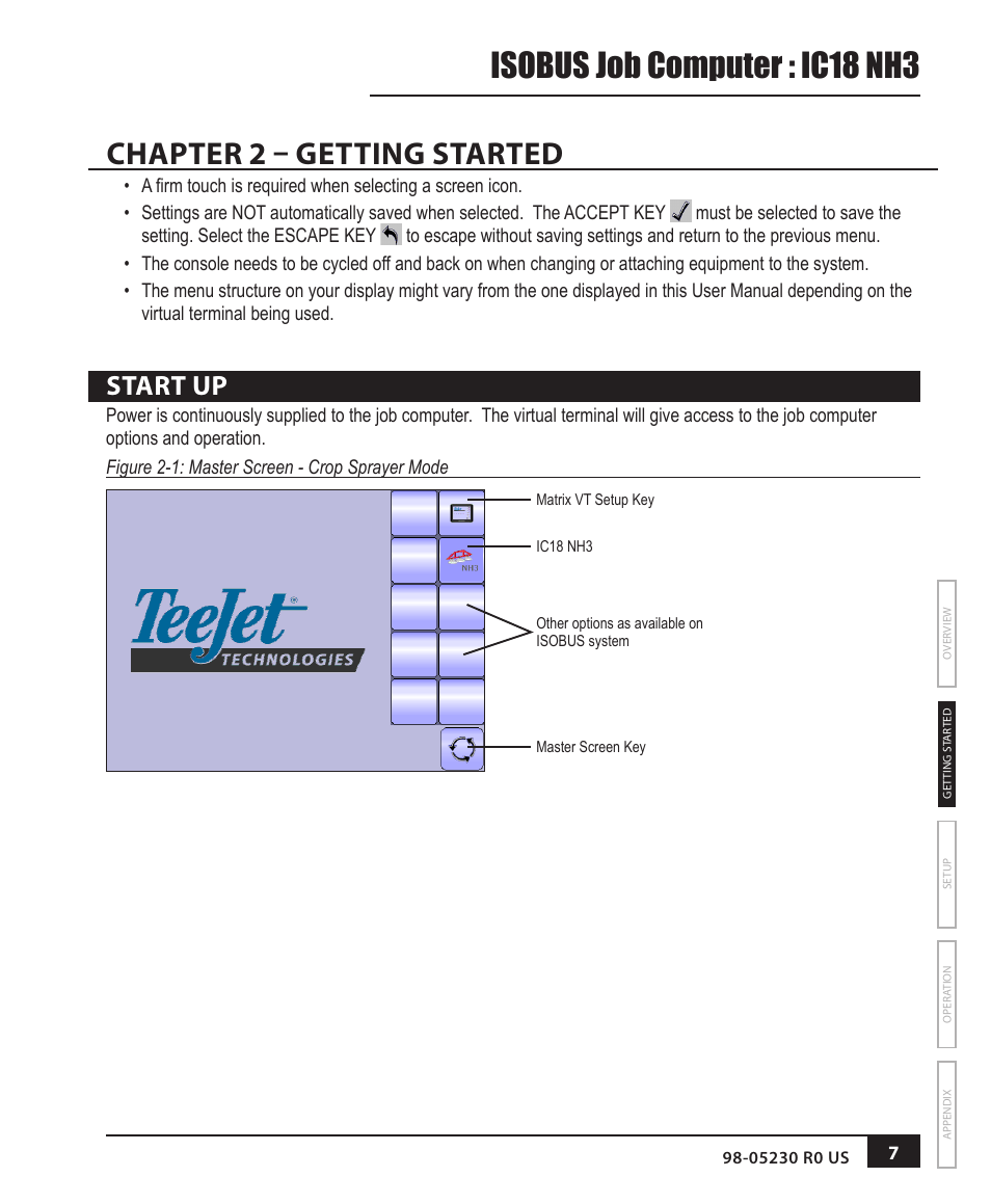 Chapter 2 – getting started, Start up, Isobus job computer : ic18 nh3 | TeeJet IC18 NH3 JOB COMPUTER User Manual | Page 13 / 63