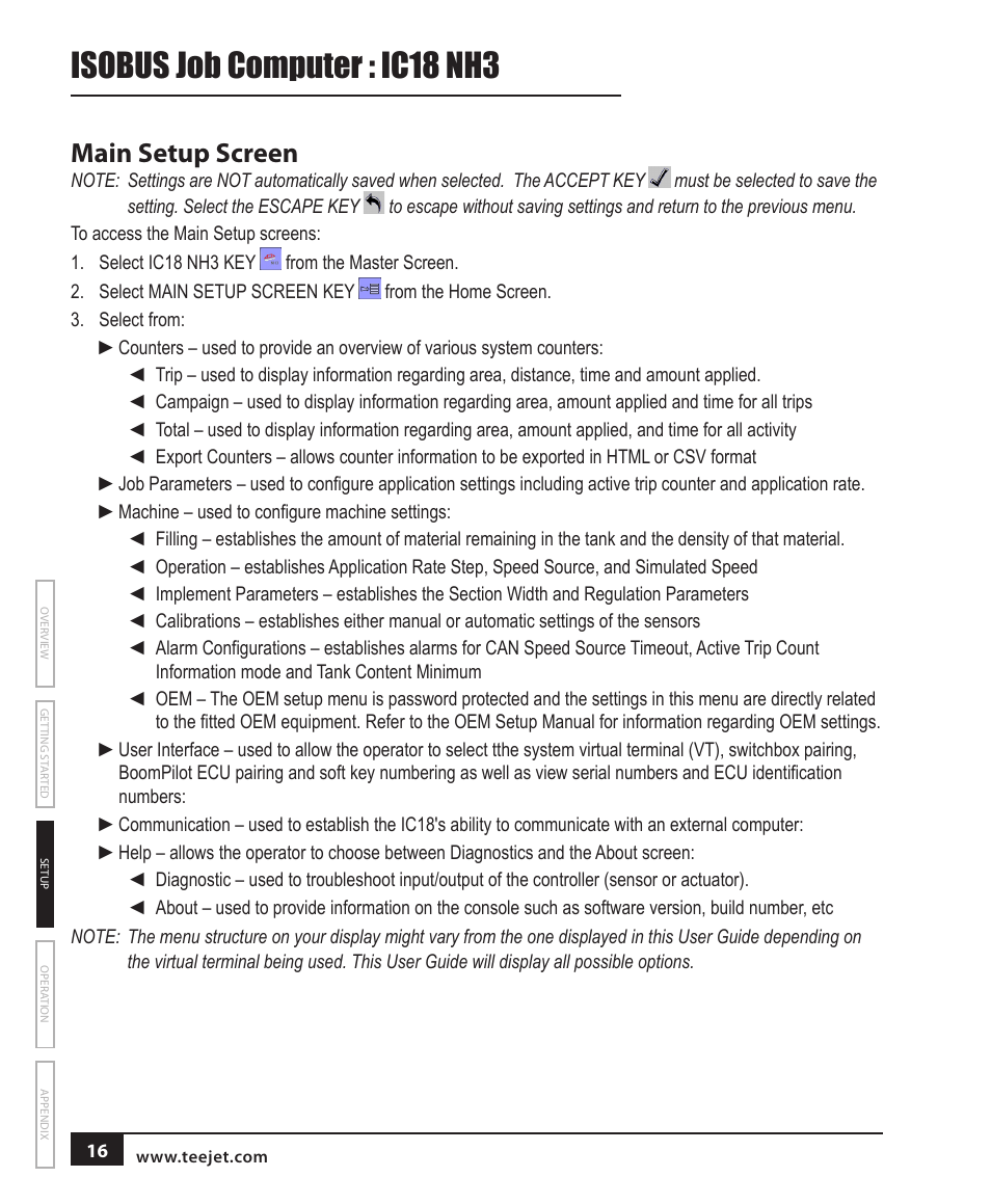 Main setup screen, Isobus job computer : ic18 nh3 | TeeJet IC18 NH3 JOB COMPUTER User Manual | Page 22 / 63