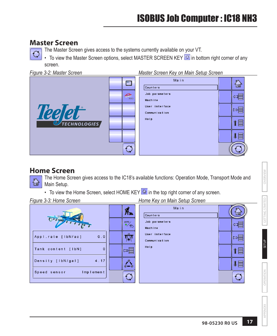 Master screen, Home screen, Isobus job computer : ic18 nh3 | TeeJet IC18 NH3 JOB COMPUTER User Manual | Page 23 / 63