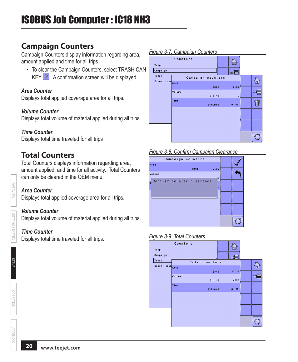 Campaign counters, Area counter, Volume counter | Time counter, Total counters, Isobus job computer : ic18 nh3 | TeeJet IC18 NH3 JOB COMPUTER User Manual | Page 26 / 63