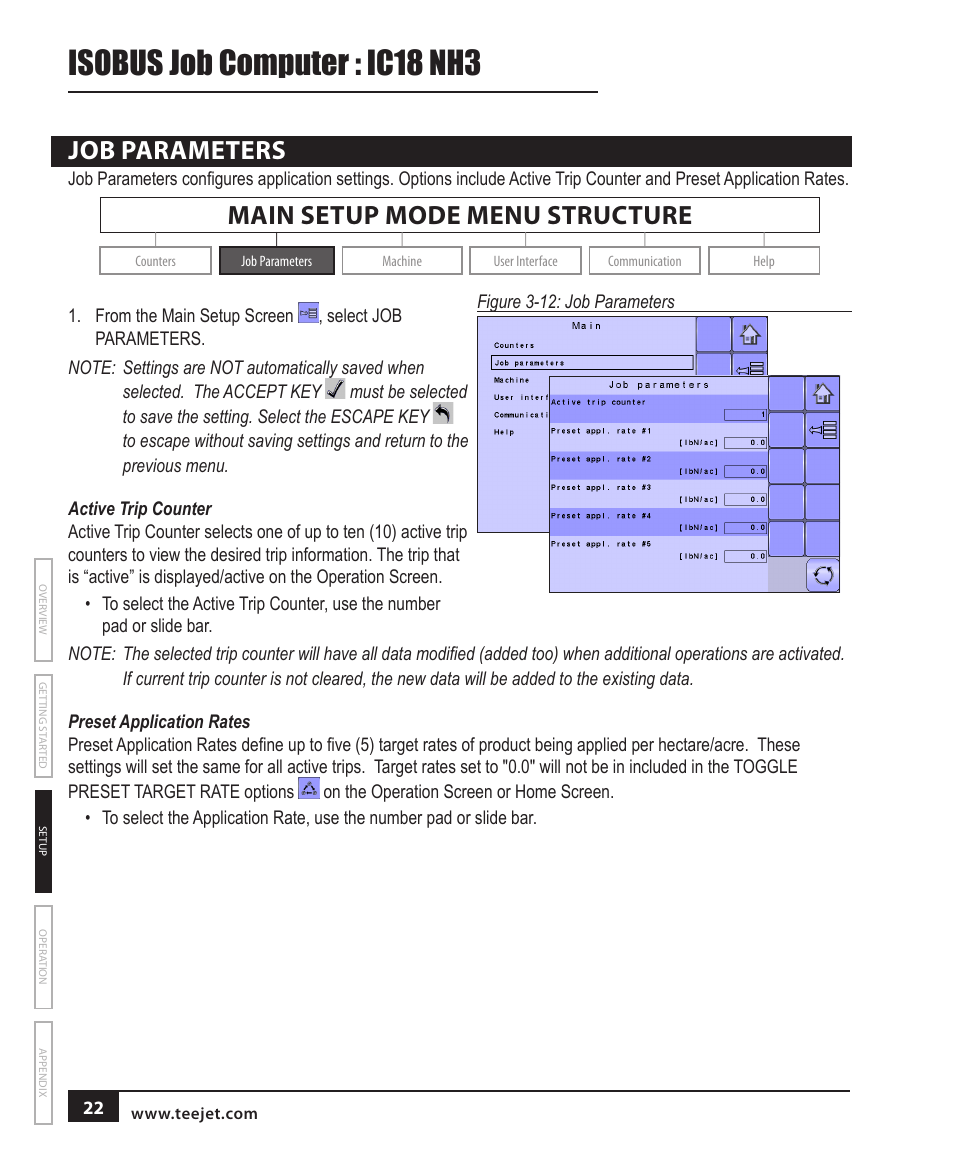 Job parameters, Active trip counter, Preset application rates | Isobus job computer : ic18 nh3, Main setup mode menu structure | TeeJet IC18 NH3 JOB COMPUTER User Manual | Page 28 / 63