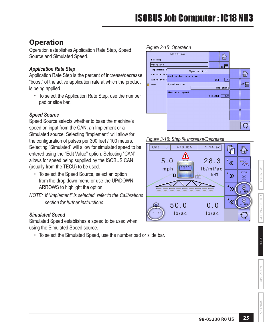 Operation, Application rate step, Speed source | Simulated speed, Isobus job computer : ic18 nh3 | TeeJet IC18 NH3 JOB COMPUTER User Manual | Page 31 / 63