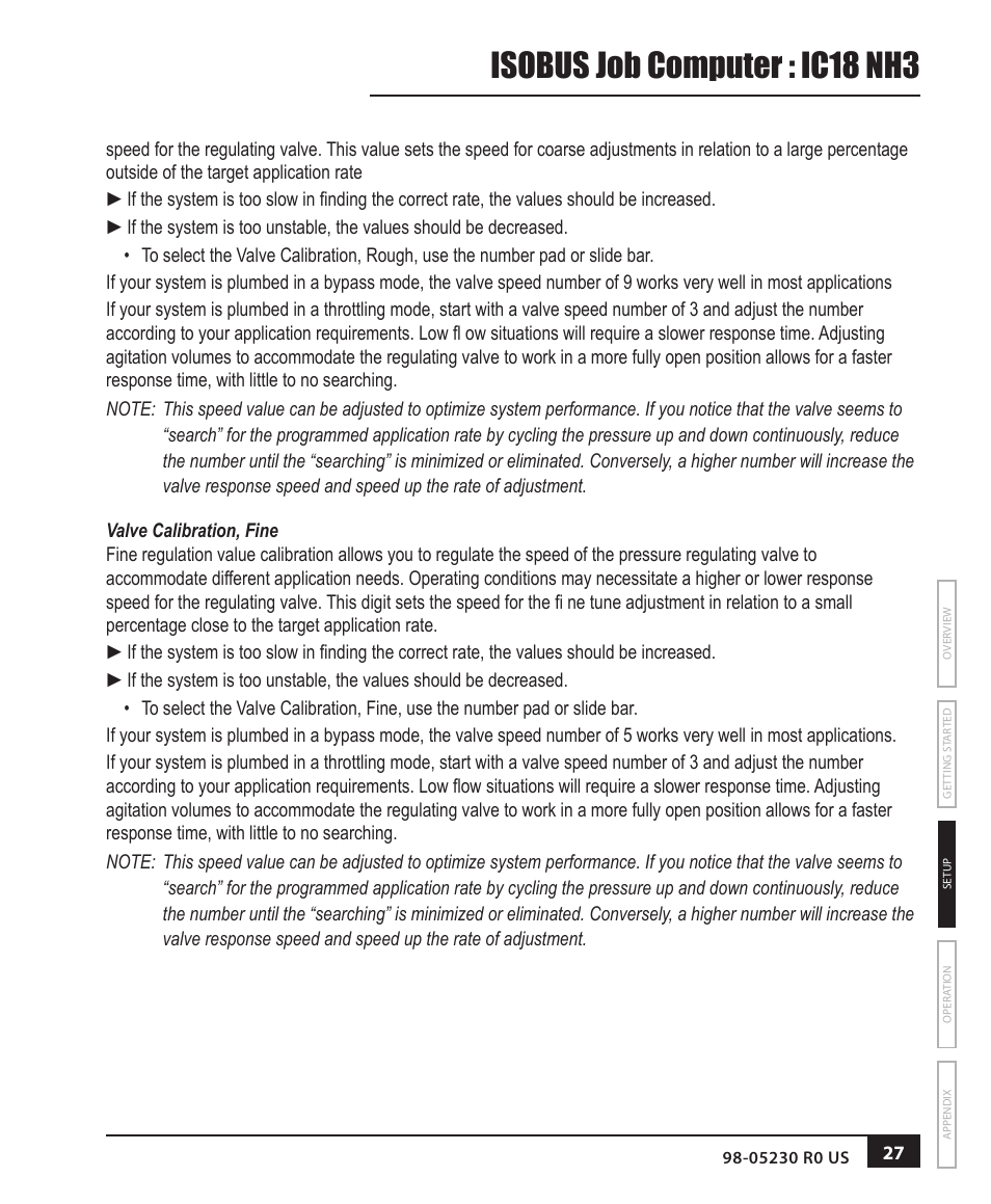 Valve calibration, fine, Isobus job computer : ic18 nh3 | TeeJet IC18 NH3 JOB COMPUTER User Manual | Page 33 / 63