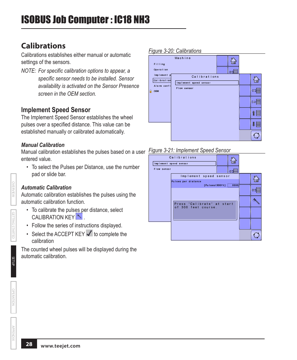 Calibrations, Implement speed sensor, Manual calibration | Automatic calibration, Isobus job computer : ic18 nh3 | TeeJet IC18 NH3 JOB COMPUTER User Manual | Page 34 / 63