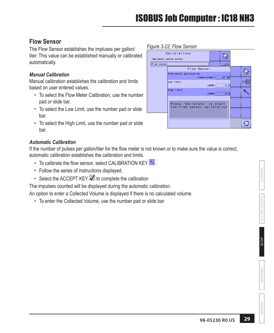 Flow sensor, Manual calibration, Automatic calibration | Isobus job computer : ic18 nh3 | TeeJet IC18 NH3 JOB COMPUTER User Manual | Page 35 / 63