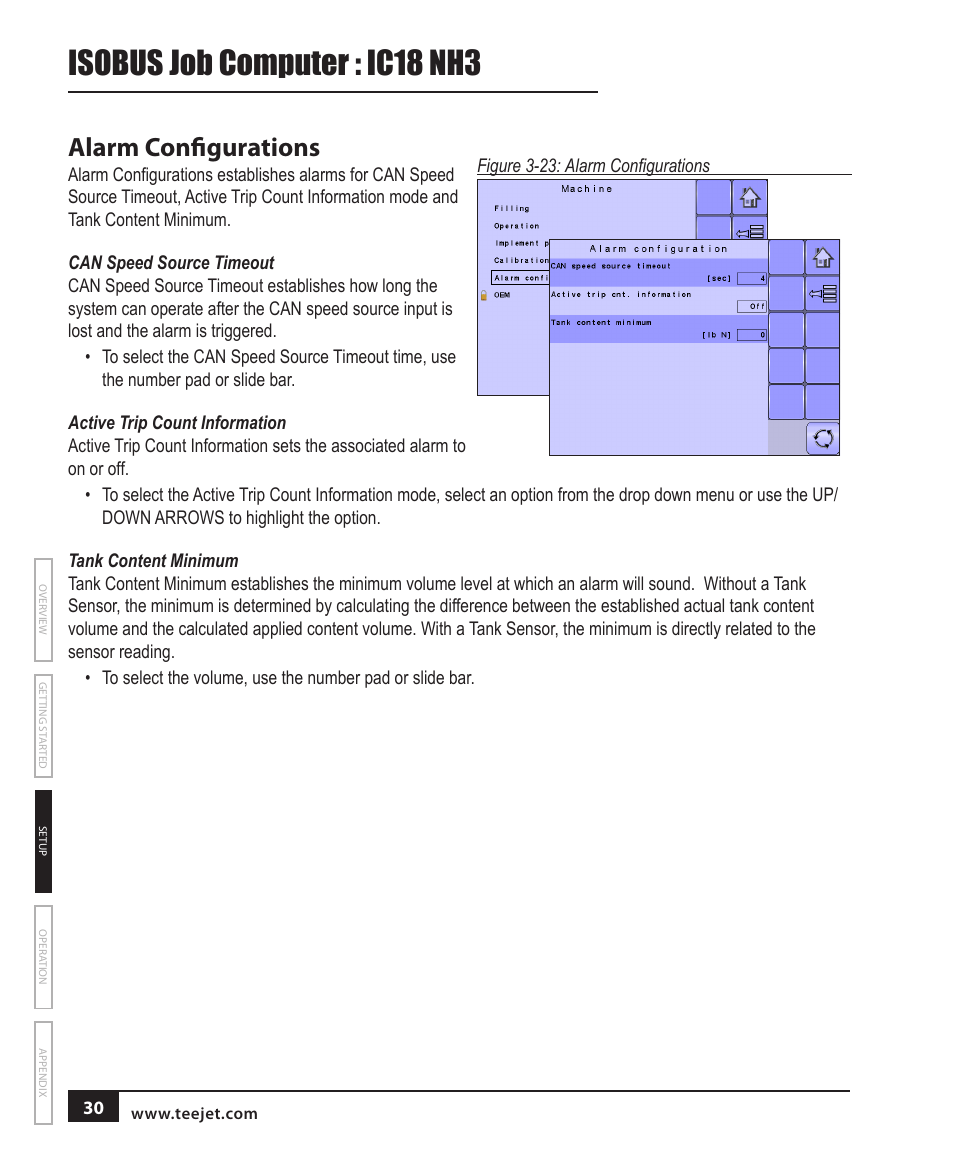 Alarm configurations, Can speed source timeout, Active trip count information | Tank content minimum, Isobus job computer : ic18 nh3 | TeeJet IC18 NH3 JOB COMPUTER User Manual | Page 36 / 63