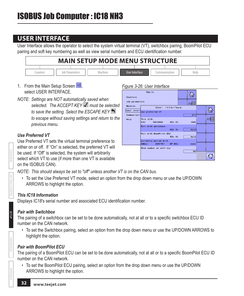 User interface, Use preferred vt, This ic18 information | Pair with switchbox, Pair with boompilot ecu, Isobus job computer : ic18 nh3, Main setup mode menu structure | TeeJet IC18 NH3 JOB COMPUTER User Manual | Page 38 / 63