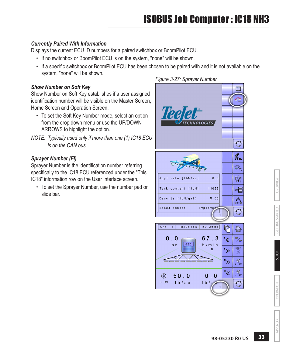 Currently paired with information, Show number on soft key, Sprayer number (fi) | Isobus job computer : ic18 nh3 | TeeJet IC18 NH3 JOB COMPUTER User Manual | Page 39 / 63