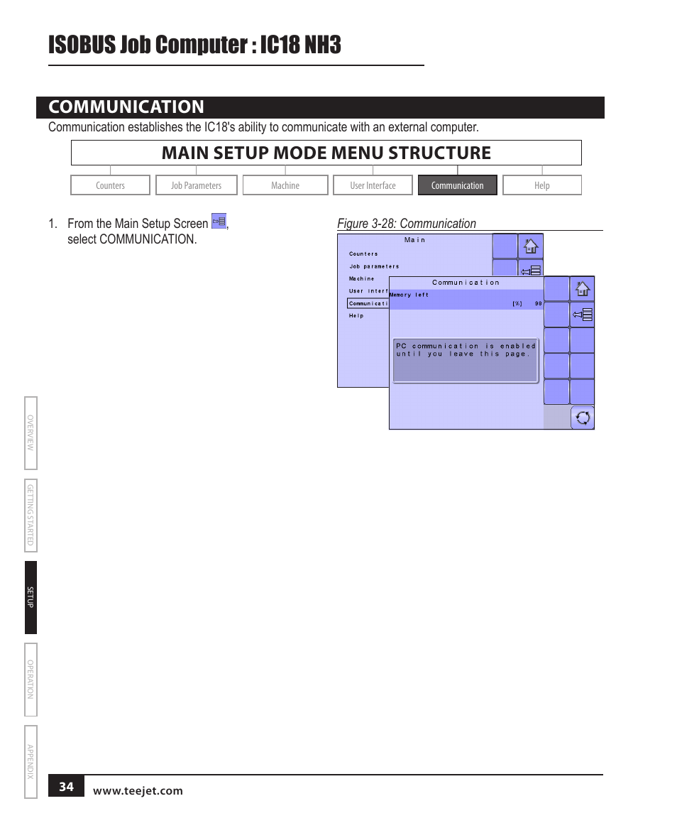 Communication, Communication 34, Isobus job computer : ic18 nh3 | Main setup mode menu structure | TeeJet IC18 NH3 JOB COMPUTER User Manual | Page 40 / 63