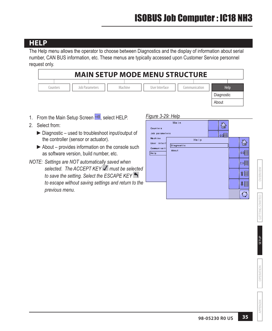 Help, Help 35, Isobus job computer : ic18 nh3 | Main setup mode menu structure | TeeJet IC18 NH3 JOB COMPUTER User Manual | Page 41 / 63