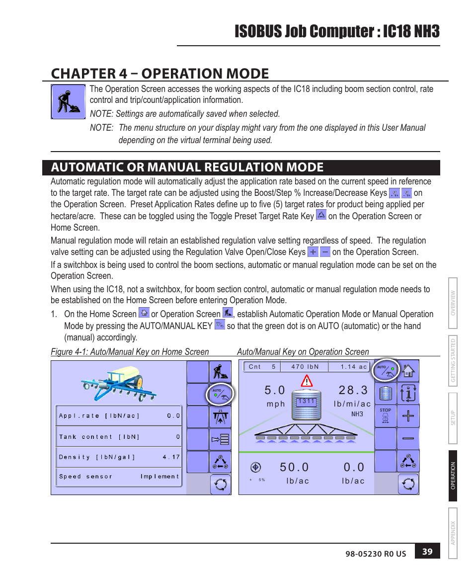 Chapter 4 – operation mode, Automatic or manual regulation mode, Isobus job computer : ic18 nh3 | TeeJet IC18 NH3 JOB COMPUTER User Manual | Page 45 / 63