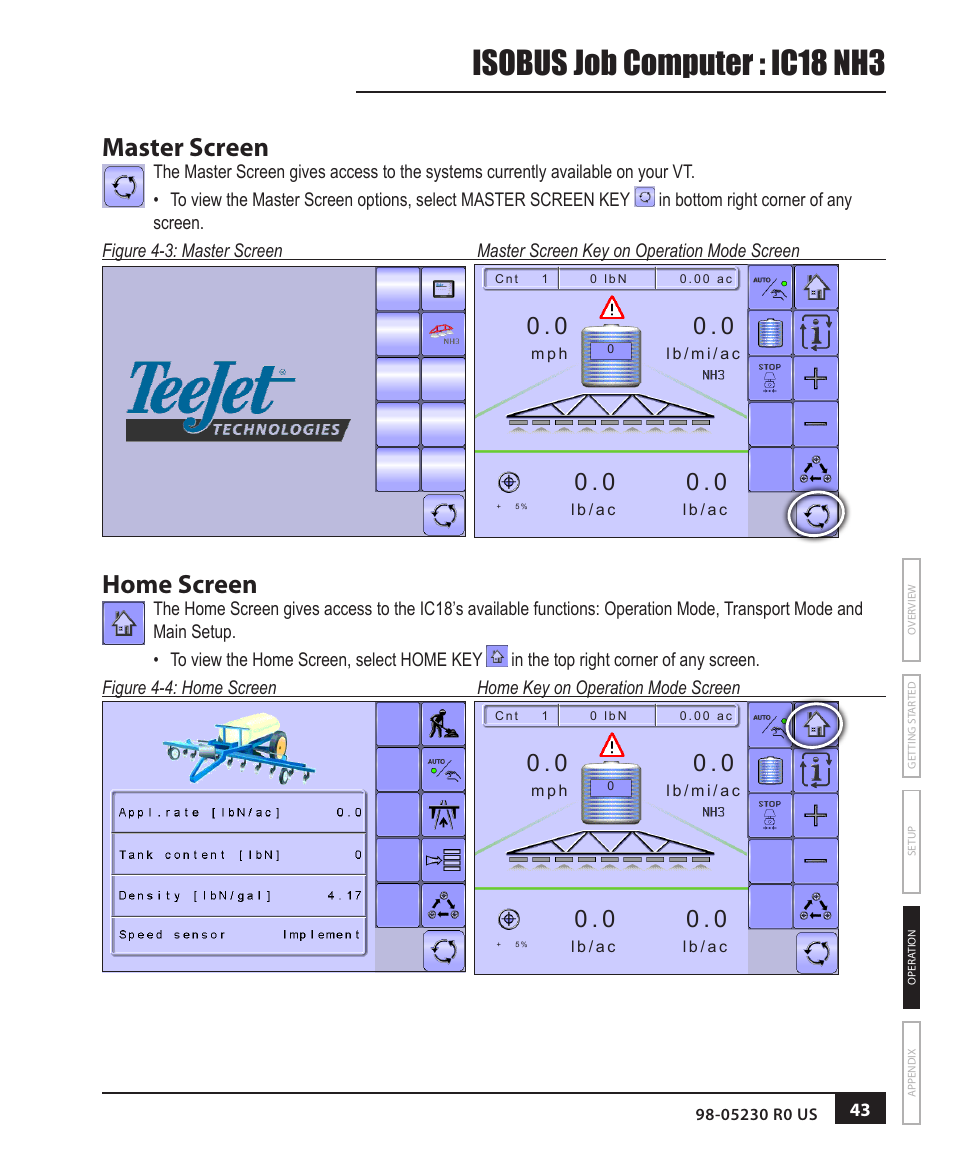 Master screen, Home screen, Isobus job computer : ic18 nh3 | TeeJet IC18 NH3 JOB COMPUTER User Manual | Page 49 / 63