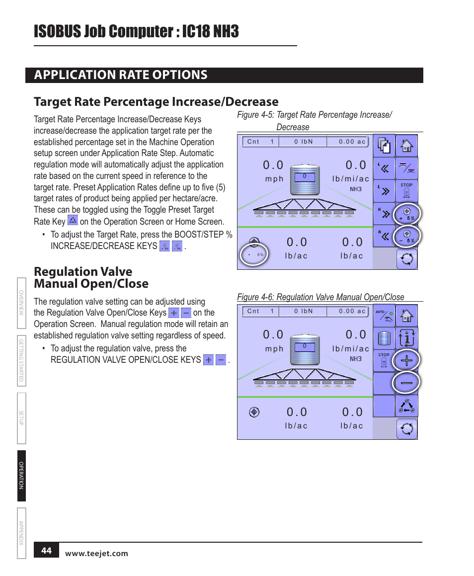 Application rate options, Target rate percentage increase/decrease, Regulation valve manual open/close | Isobus job computer : ic18 nh3 | TeeJet IC18 NH3 JOB COMPUTER User Manual | Page 50 / 63