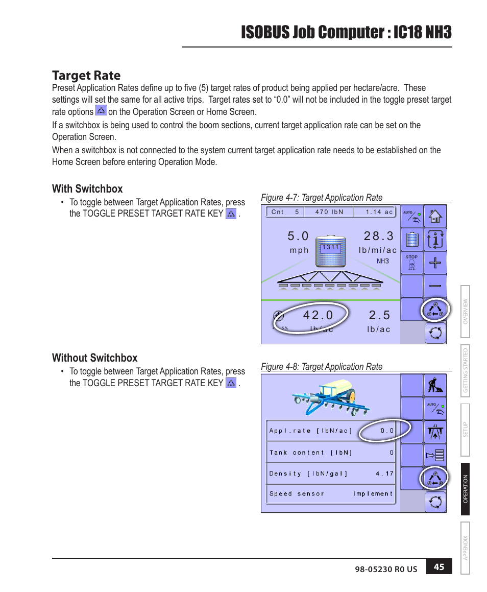 Target rate, With switchbox, Without switchbox | Isobus job computer : ic18 nh3 | TeeJet IC18 NH3 JOB COMPUTER User Manual | Page 51 / 63