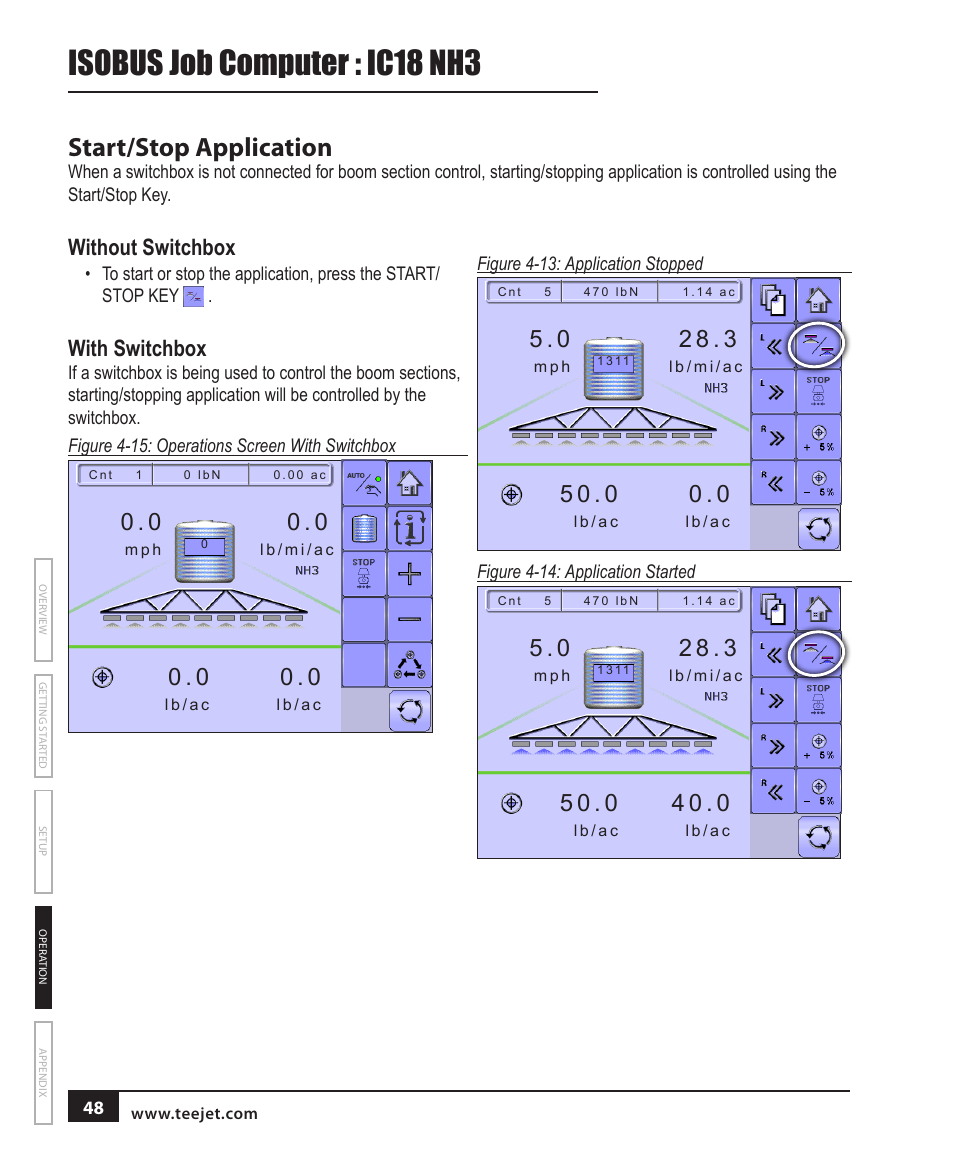 Start/stop application, Without switchbox, With switchbox | Isobus job computer : ic18 nh3 | TeeJet IC18 NH3 JOB COMPUTER User Manual | Page 54 / 63
