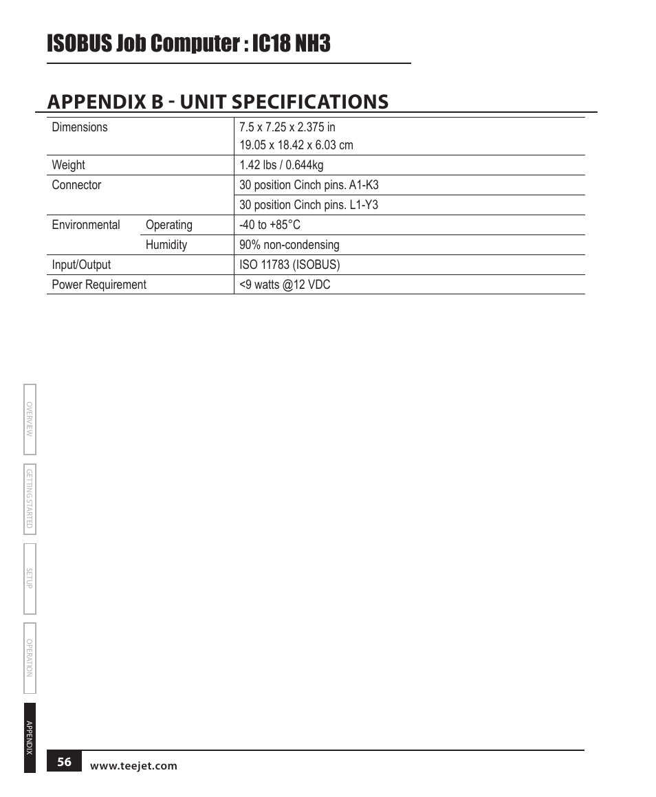 Appendix b - unit specifications, Isobus job computer : ic18 nh3 | TeeJet IC18 NH3 JOB COMPUTER User Manual | Page 62 / 63