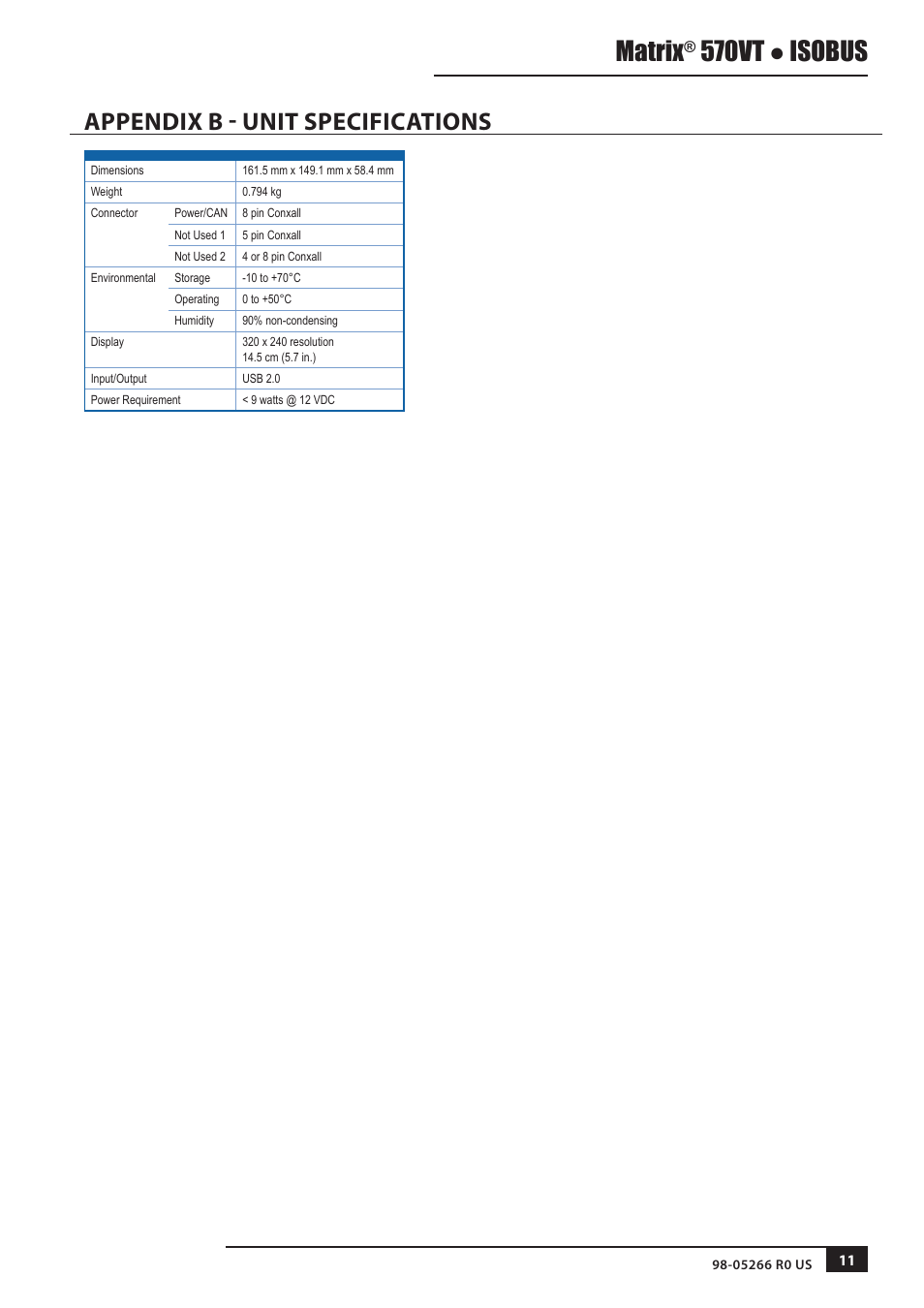 Appendix b - unit specifications, Matrix, 570vt ● isobus | TeeJet MATRIX 570VT Software version 1.00 User Manual | Page 11 / 12