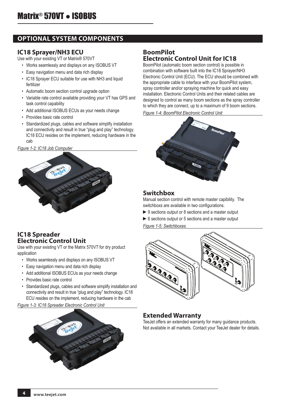 Optional system components, Matrix, 570vt ● isobus | Optional system components ic18 sprayer/nh3 ecu, Ic18 spreader electronic control unit, Boompilot electronic control unit for ic18, Switchbox, Extended warranty | TeeJet MATRIX 570VT Software version 1.00 User Manual | Page 4 / 12