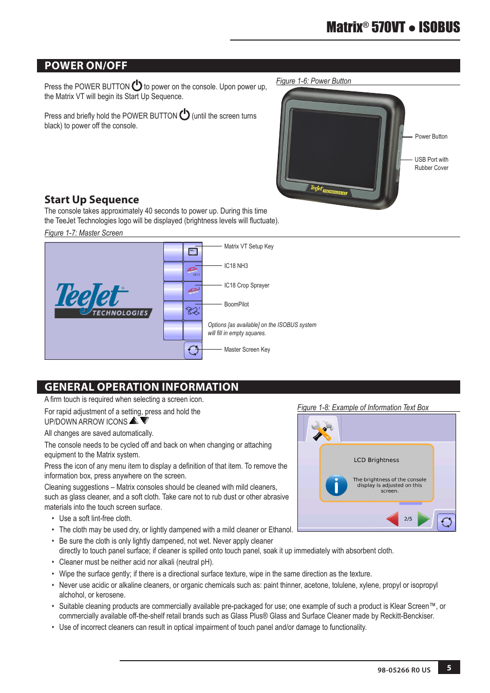 Power on/off, Start up sequence, General operation information | Matrix, 570vt ● isobus | TeeJet MATRIX 570VT Software version 1.00 User Manual | Page 5 / 12