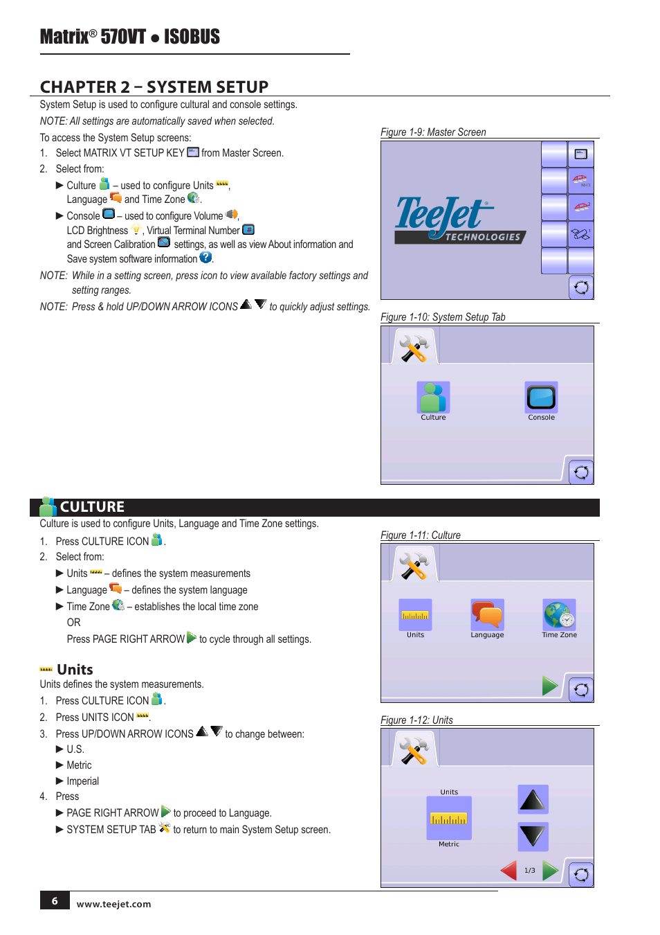 Chapter 2 – system setup, Culture, Units | Culture 6, Matrix, 570vt ● isobus | TeeJet MATRIX 570VT Software version 1.00 User Manual | Page 6 / 12