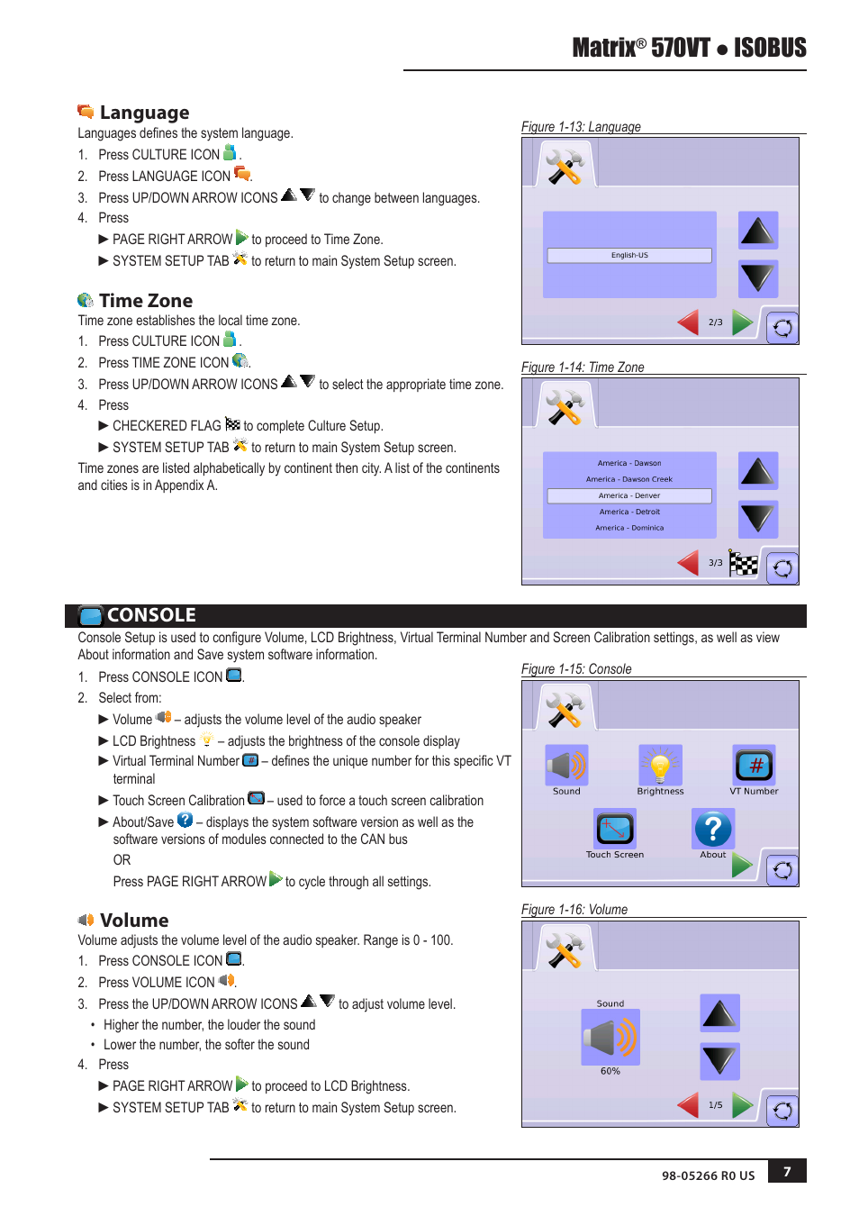 Language, Time zone, Console | Volume, Console 7, Matrix, 570vt ● isobus | TeeJet MATRIX 570VT Software version 1.00 User Manual | Page 7 / 12