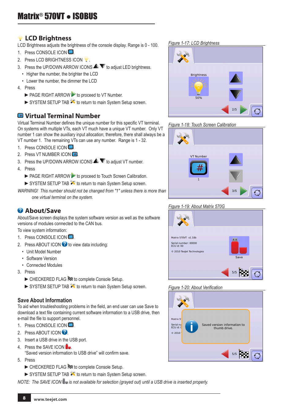 Lcd brightness, Virtual terminal number, About/save | Save about information, Matrix, 570vt ● isobus | TeeJet MATRIX 570VT Software version 1.00 User Manual | Page 8 / 12