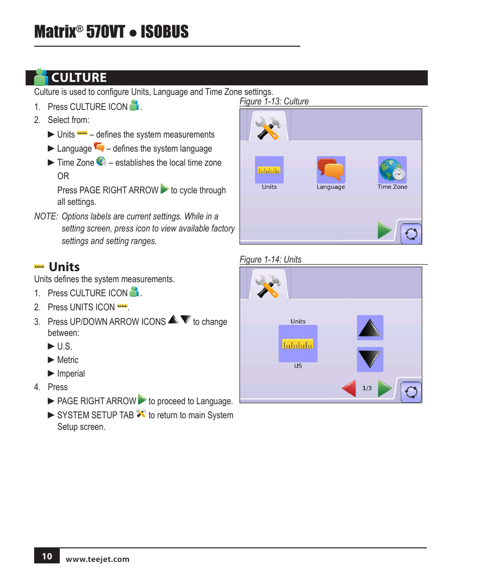 Culture, Units, Culture 10 | Matrix, 570vt ● isobus | TeeJet MATRIX 570VT Software version 1.00 User Manual | Page 12 / 20