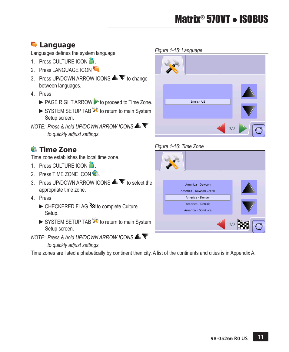 Language, Time zone, Matrix | 570vt ● isobus | TeeJet MATRIX 570VT Software version 1.00 User Manual | Page 13 / 20