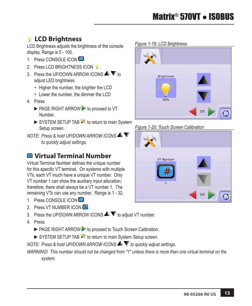 Lcd brightness, Virtual terminal number, Matrix | 570vt ● isobus | TeeJet MATRIX 570VT Software version 1.00 User Manual | Page 15 / 20