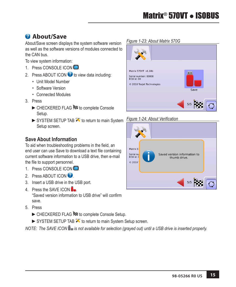 About/save, Save about information, Matrix | 570vt ● isobus | TeeJet MATRIX 570VT Software version 1.00 User Manual | Page 17 / 20