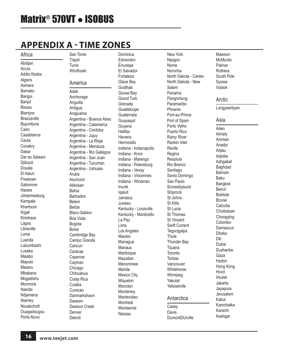 Appendix a - time zones, Matrix, 570vt ● isobus | TeeJet MATRIX 570VT Software version 1.00 User Manual | Page 18 / 20