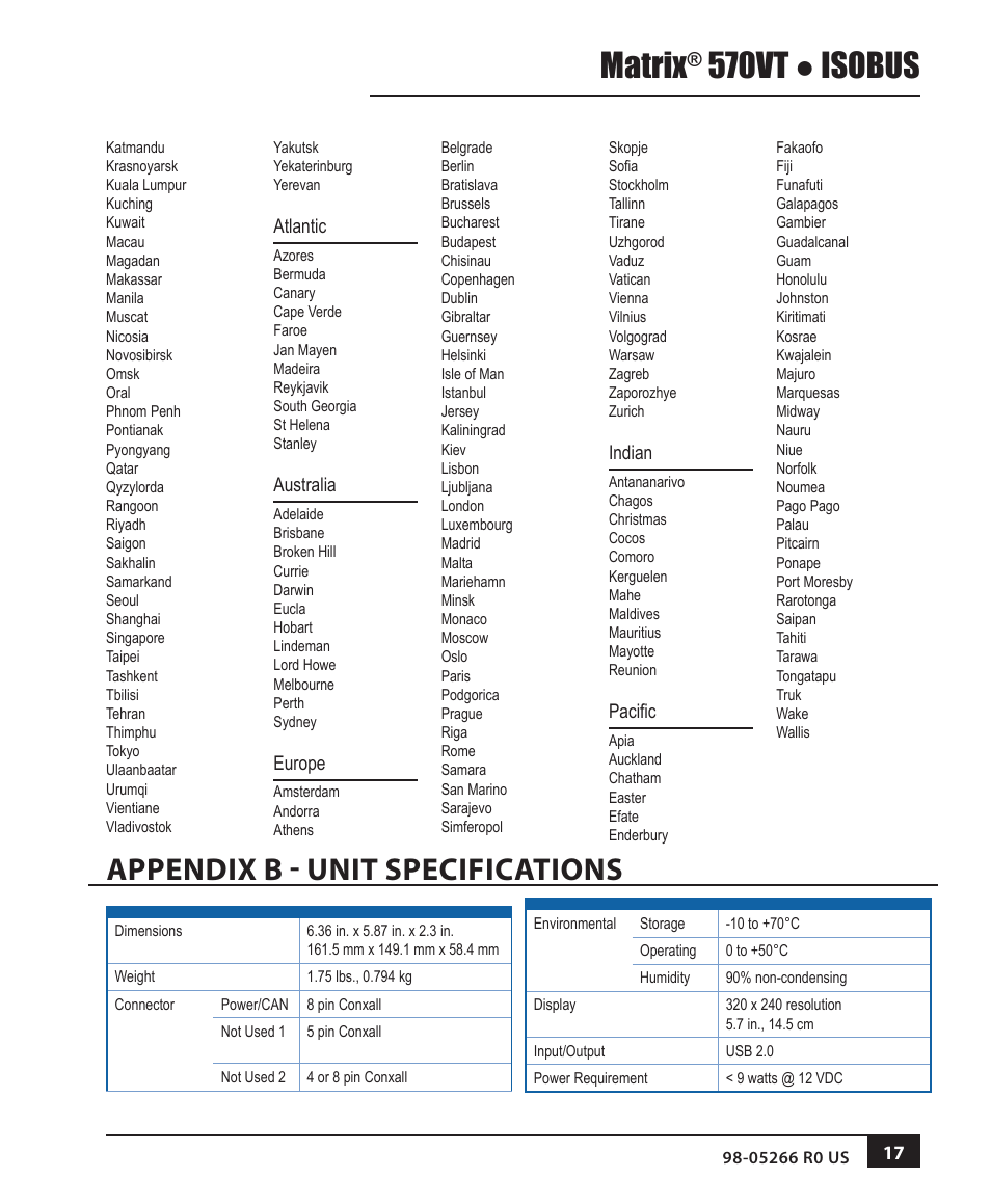 Appendix b - unit specifications, Matrix, 570vt ● isobus | TeeJet MATRIX 570VT Software version 1.00 User Manual | Page 19 / 20