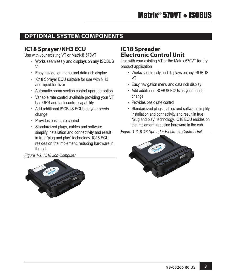 Optional system components, Matrix, 570vt ● isobus | Optional system components ic18 sprayer/nh3 ecu, Ic18 spreader electronic control unit | TeeJet MATRIX 570VT Software version 1.00 User Manual | Page 5 / 20