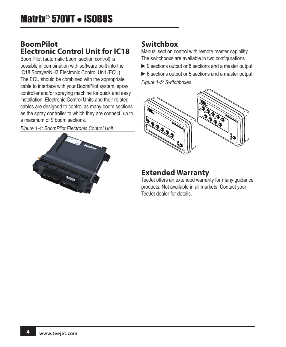 Matrix, 570vt ● isobus, Boompilot electronic control unit for ic18 | Switchbox, Extended warranty | TeeJet MATRIX 570VT Software version 1.00 User Manual | Page 6 / 20