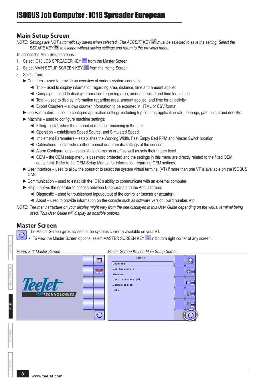 Main setup screen, Master screen, Isobus job computer : ic18 spreader european | TeeJet IC18 SPREADER JOB COMPUTER User Manual | Page 12 / 32