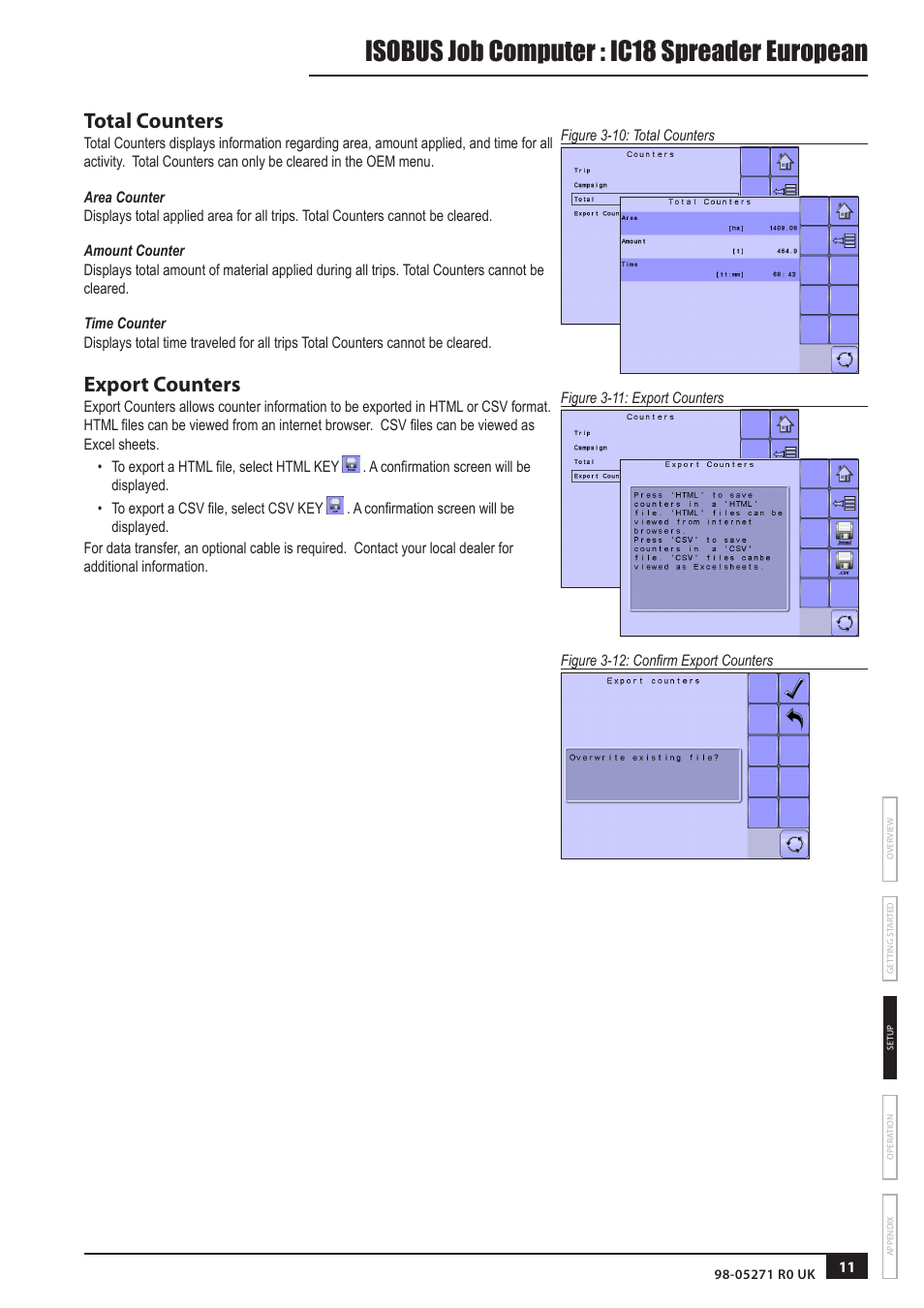 Total counters, Area counter, Amount counter | Time counter, Export counters, Isobus job computer : ic18 spreader european | TeeJet IC18 SPREADER JOB COMPUTER User Manual | Page 15 / 32