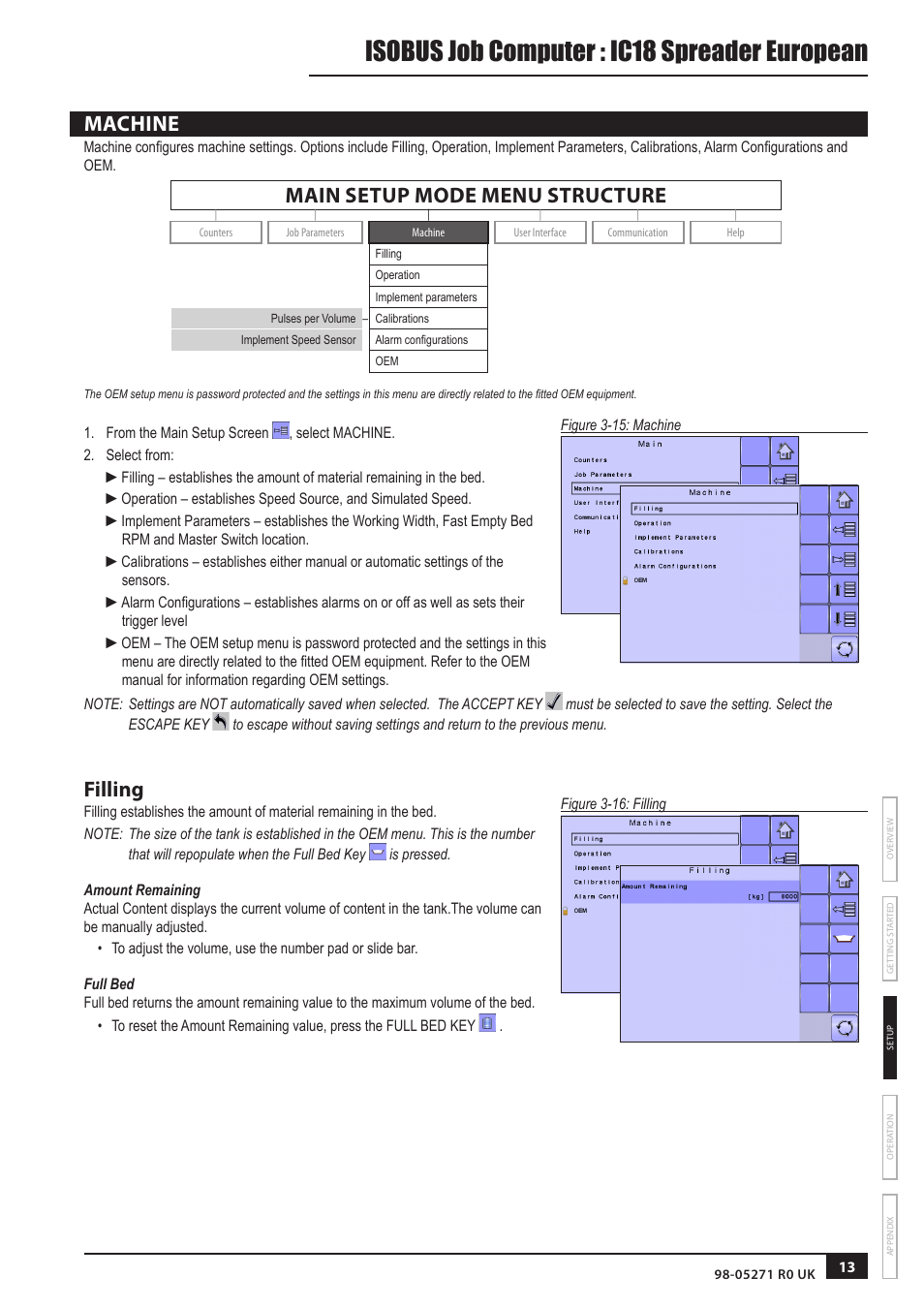 Machine, Filling, Amount remaining | Full bed, Machine 13, Isobus job computer : ic18 spreader european, Main setup mode menu structure | TeeJet IC18 SPREADER JOB COMPUTER User Manual | Page 17 / 32