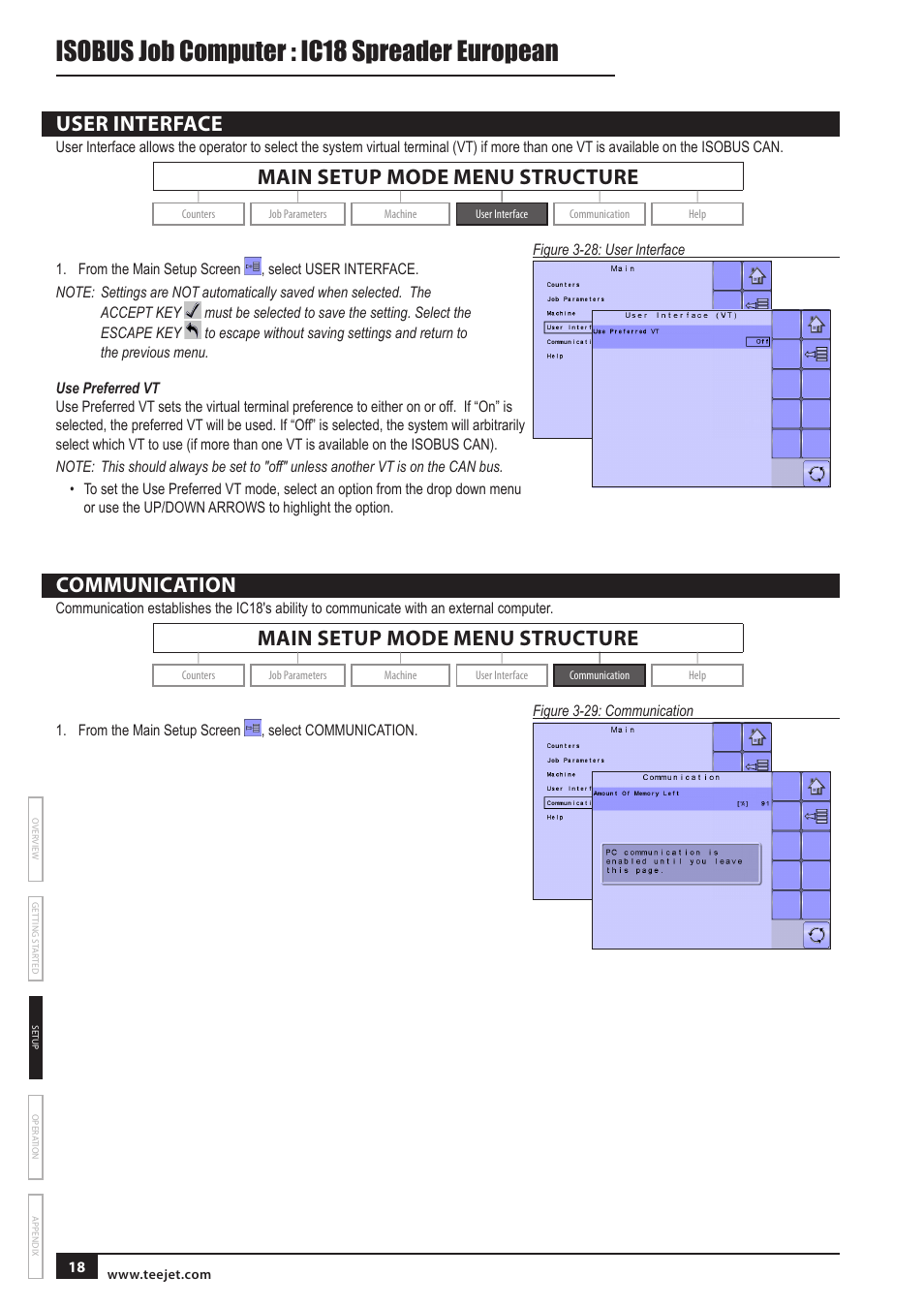 User interface, Use preferred vt, Communication | Communication 18, Isobus job computer : ic18 spreader european, Main setup mode menu structure | TeeJet IC18 SPREADER JOB COMPUTER User Manual | Page 22 / 32