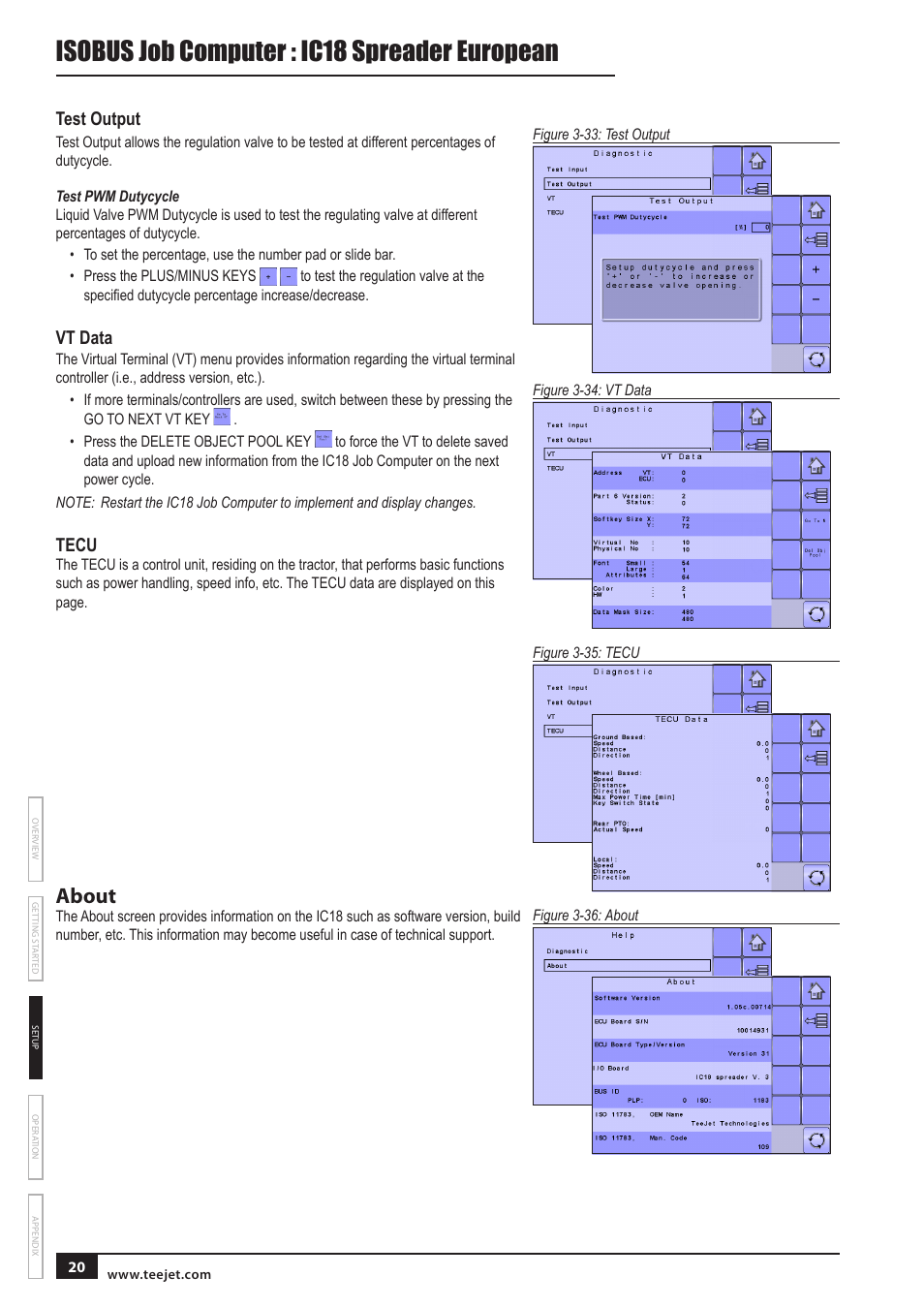 Test output, Test pwm dutycycle, Vt data | Tecu, About, Isobus job computer : ic18 spreader european | TeeJet IC18 SPREADER JOB COMPUTER User Manual | Page 24 / 32