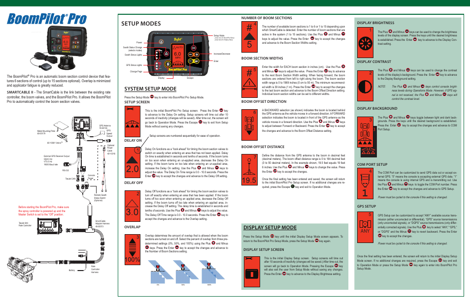 Setup modes, Display setup mode, System setup mode | Display brightness, Display contrast, Display background, Com port setup, Gps setup, Boom offset direction, Boom offset distance | TeeJet BoomPilot Pro User Manual | Page 2 / 2