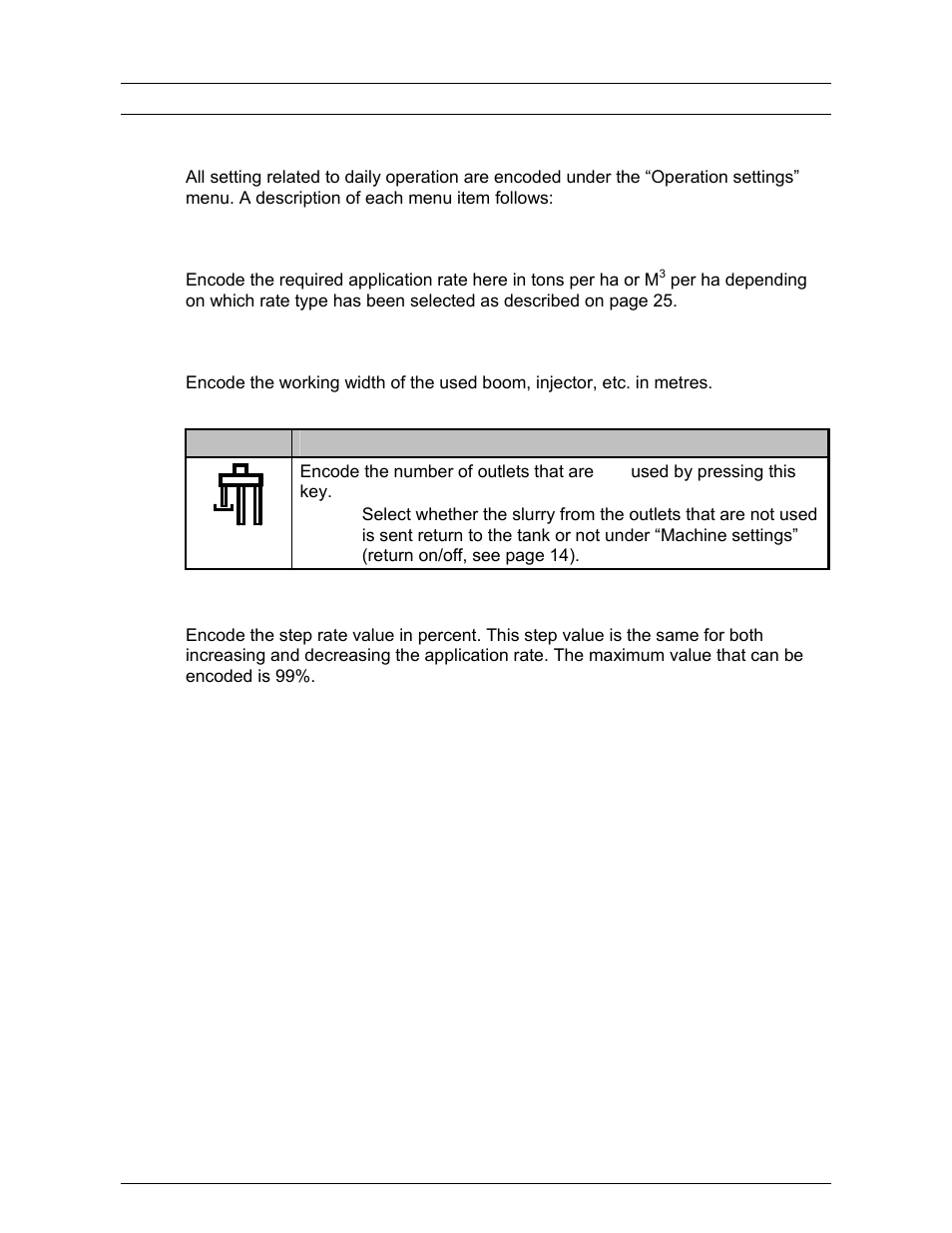 Settings, Operation settings | TeeJet 500 SLURRY COMPUTER User Manual | Page 12 / 30