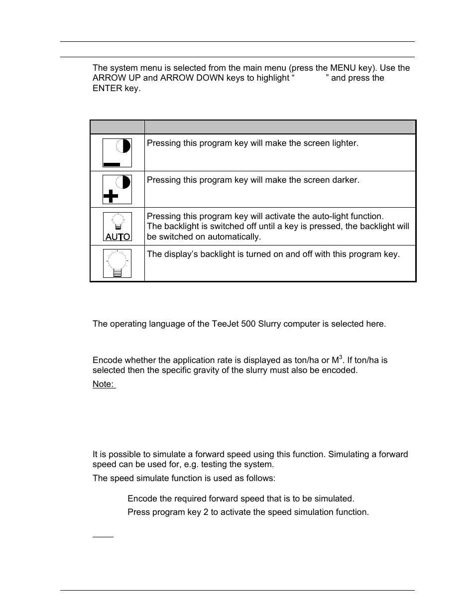 System, Contrast/light, Language | Weight/volume, Speed simulate | TeeJet 500 SLURRY COMPUTER User Manual | Page 25 / 30