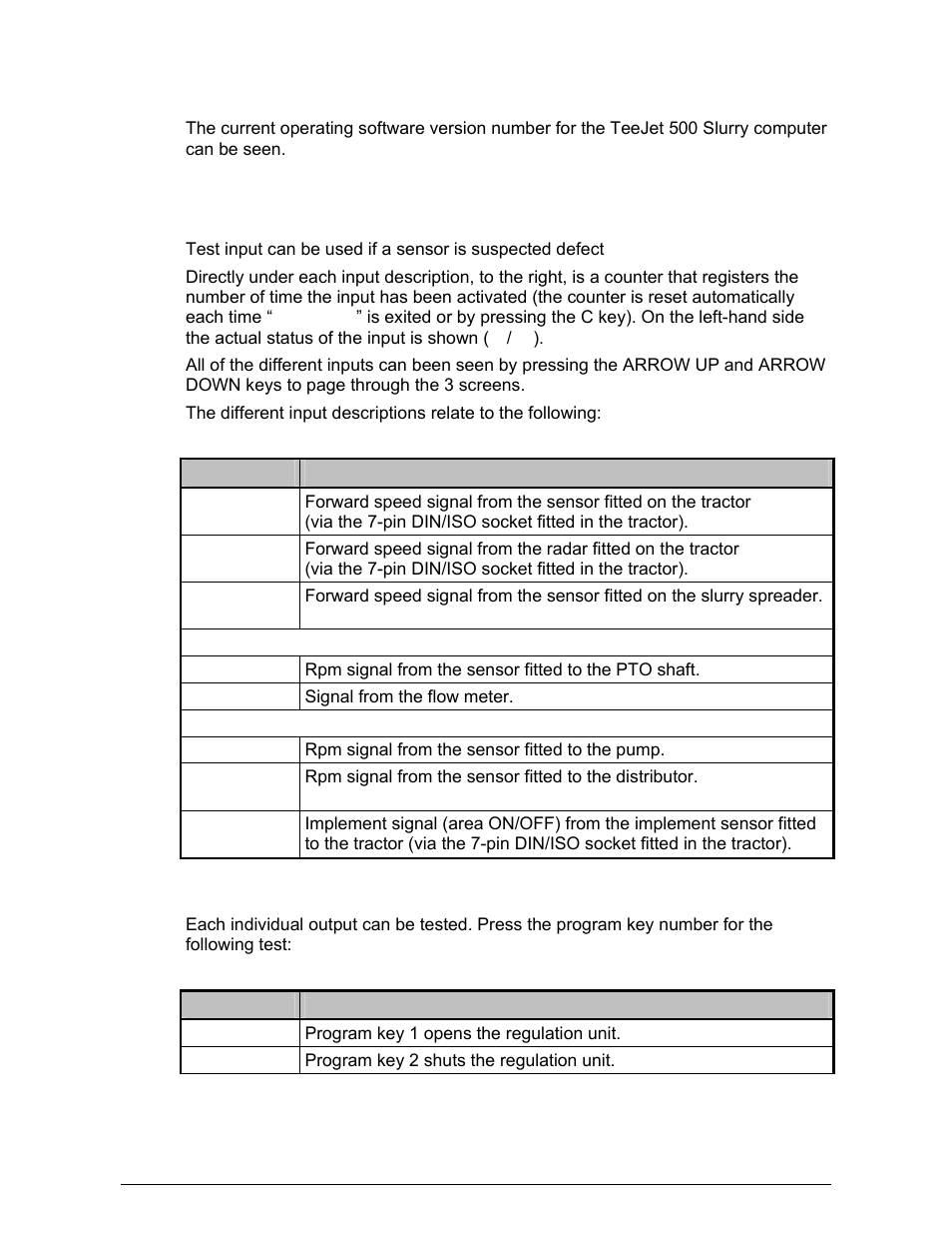 Software info, Test | TeeJet 500 SLURRY COMPUTER User Manual | Page 26 / 30