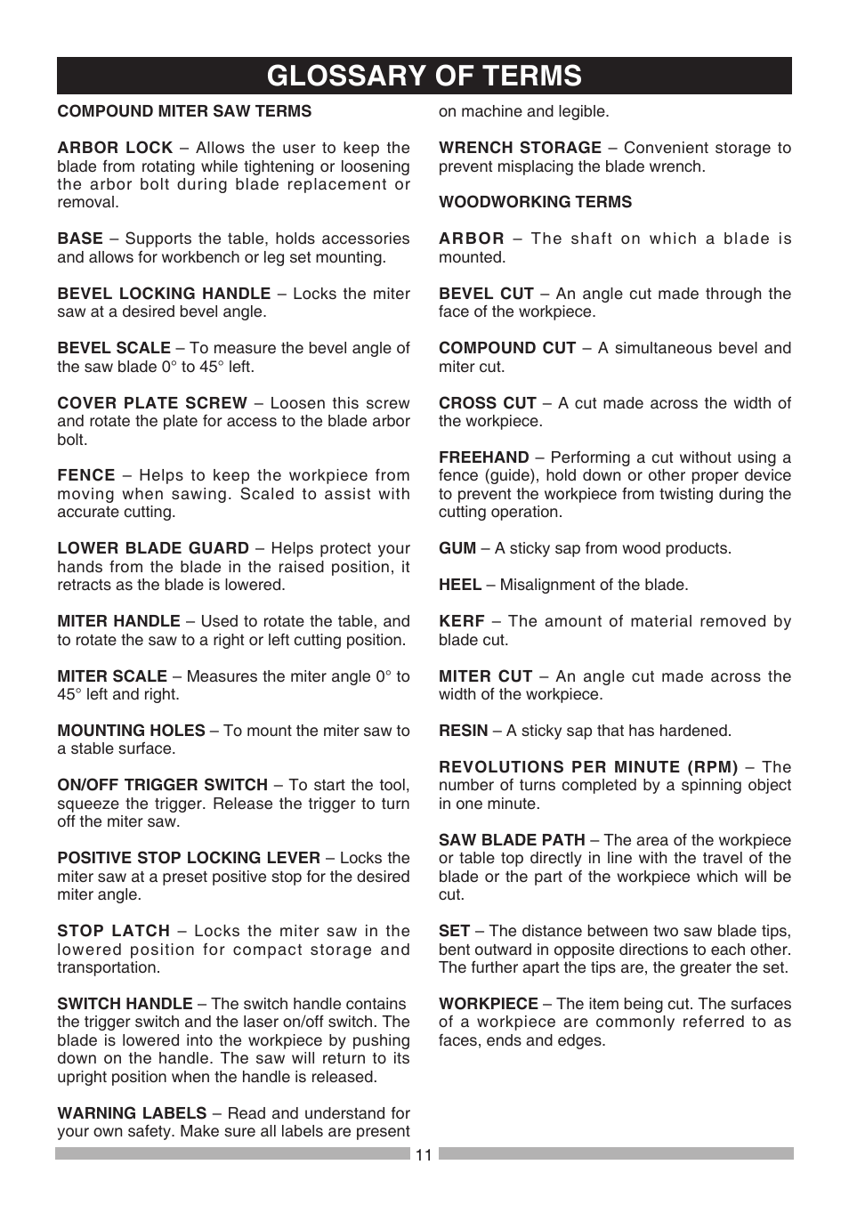 Glossary of terms | Craftsman 137.21236 User Manual | Page 11 / 29