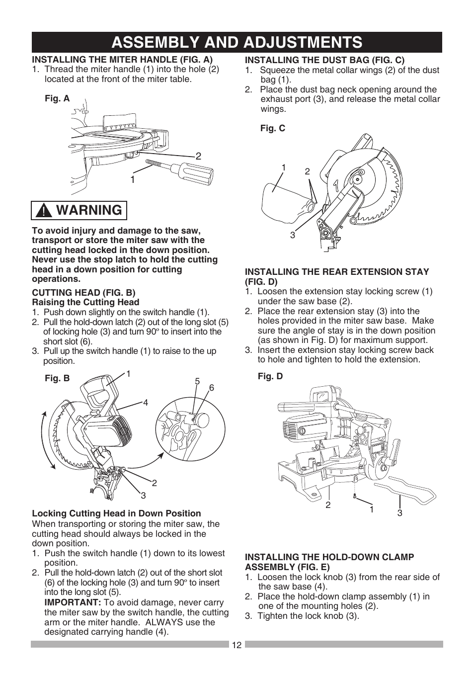 Assembly and adjustments, Warning | Craftsman 137.21236 User Manual | Page 12 / 29