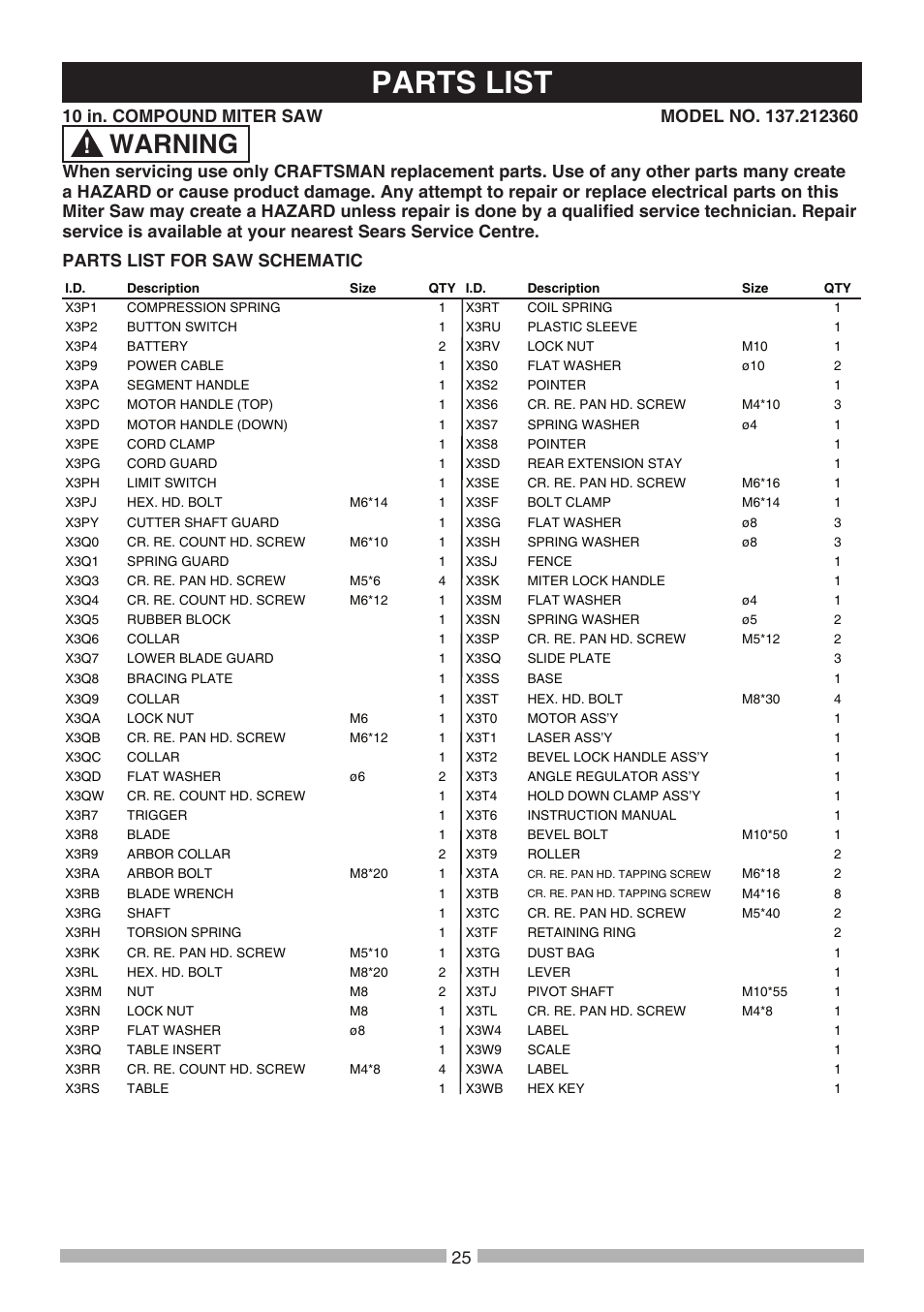 Parts list, Warning | Craftsman 137.21236 User Manual | Page 25 / 29