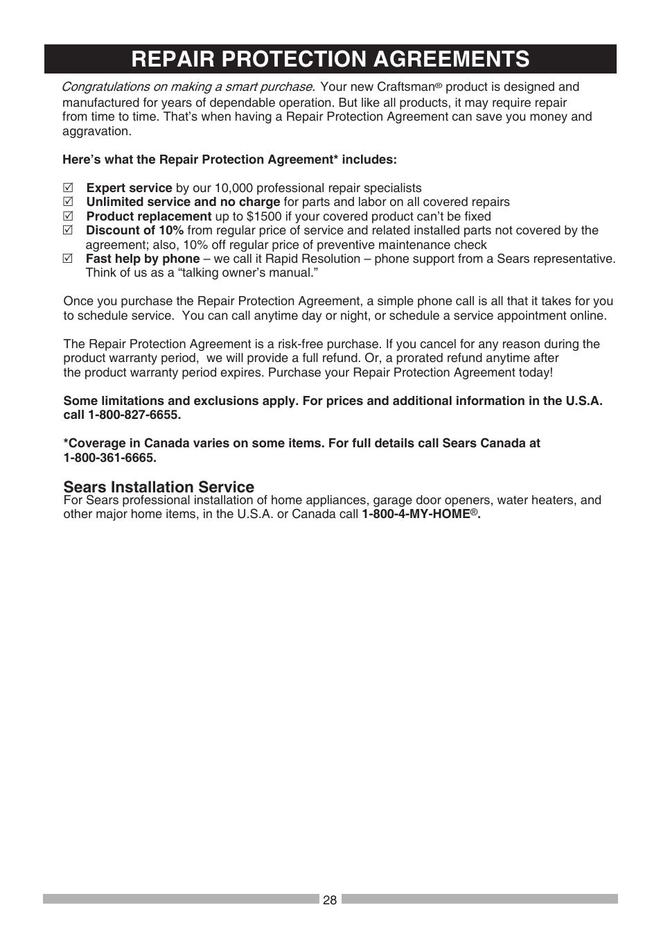 Get it ﬁxed, at your home or ours, Repair protection agreements, Sears installation service | Craftsman 137.21236 User Manual | Page 28 / 29